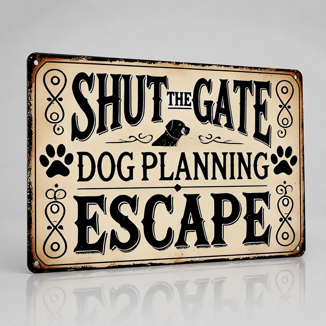 Vintage Metal Tin Warning Sign, 8x12 in, Waterproof, Funny "Shut The Gate - Planning To Escape" Plaque for Fence Decor, Gift for Dog Lovers, Water Proof