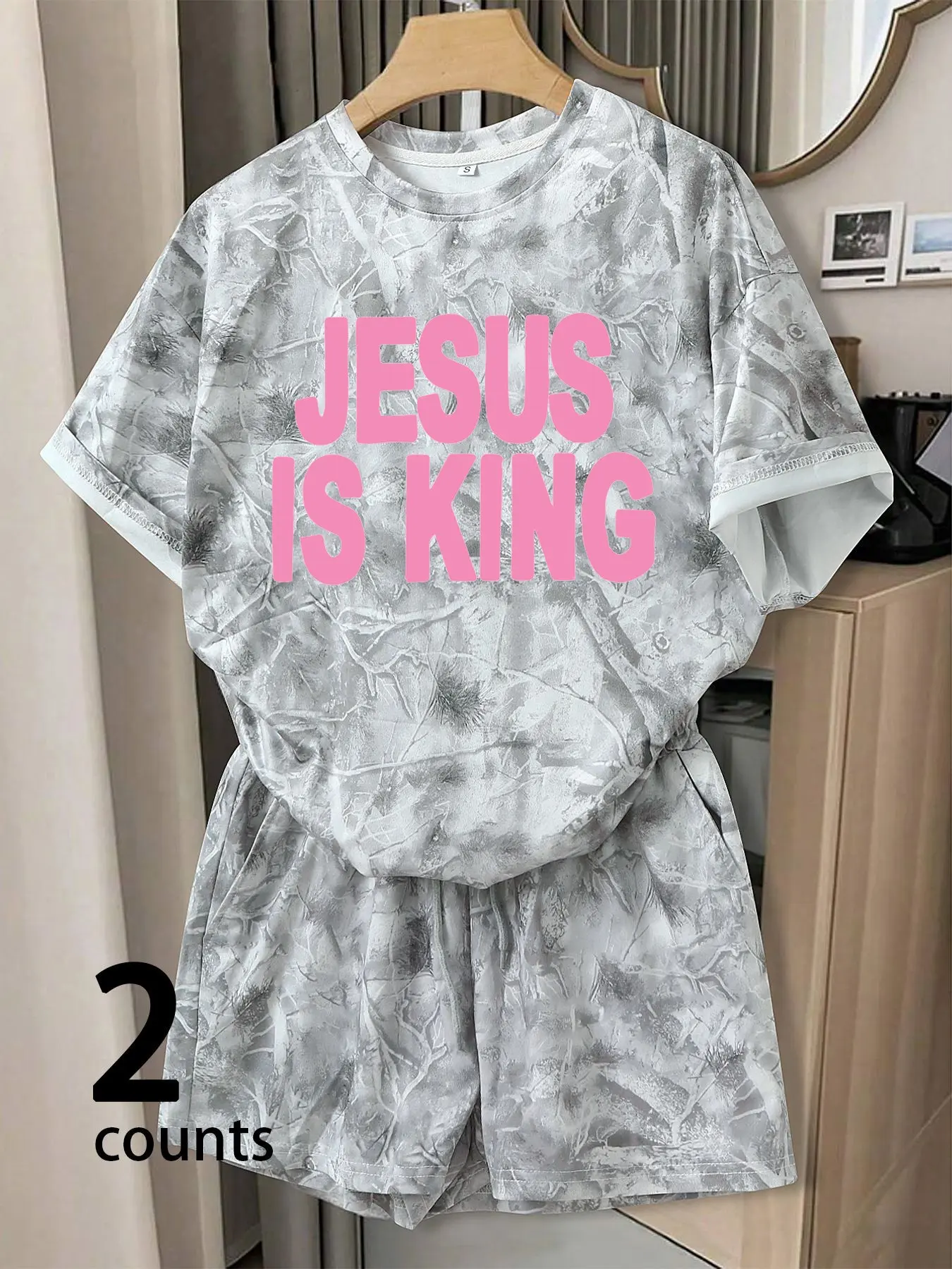Women's Camouflage Two-Piece Set, Casual Summer Set, Womenswear, Comfortable Round Neck Printed T-Shirt & Home Shorts, Casual Daily Wear, Elegant Loose Fit, Perfect for Tiktok Style Fashion