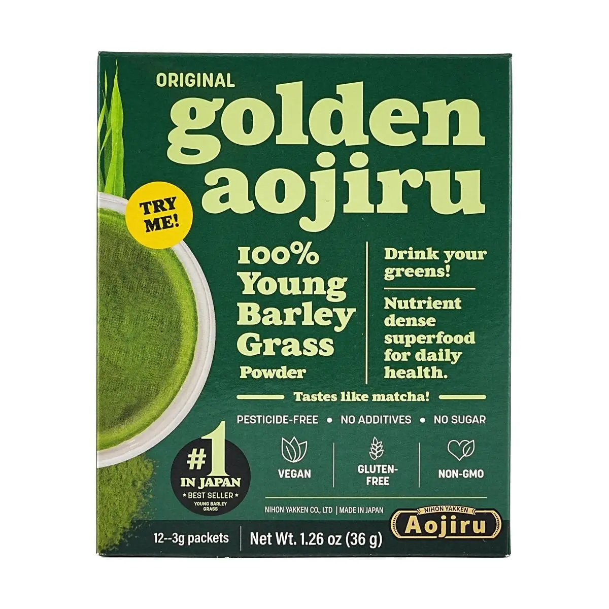 NIHON YAKKEN Golden Aojiru 100% Young Barley Grass Powder - Pure Vegan, Original Flavor, Rich in Fiber, Calcium, Iron, Vitamins - Gluten-Free, Low Calorie, 0 Sugar - Matcha Scented - US Authentic