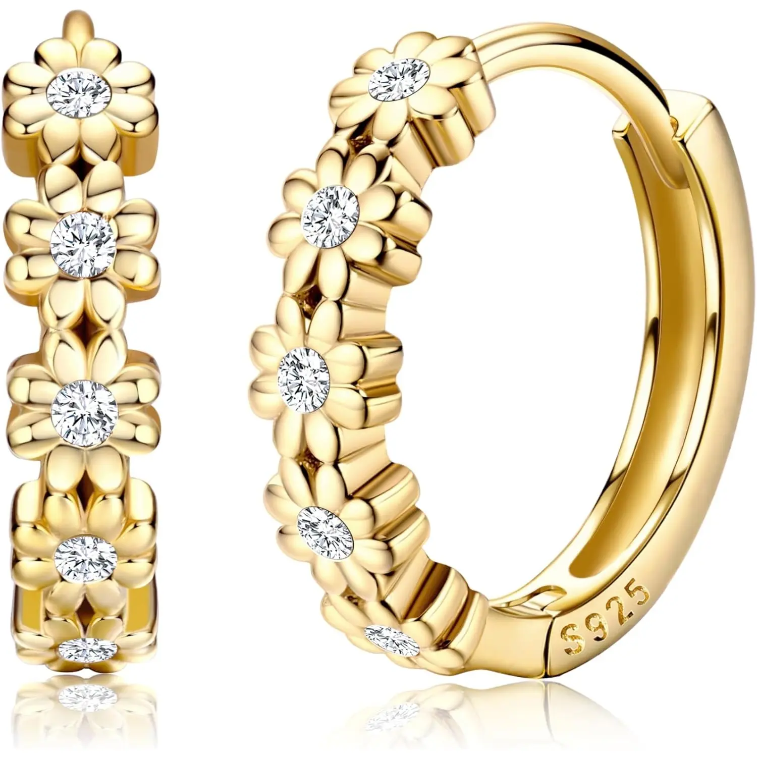 Milacolato Gold-Plated Daisy Huggie Earrings, Dainty Lightweight Hoops for Women, Pave Rainbow Cubic Zirconia Hypoallergenic Earrings Jewelry
