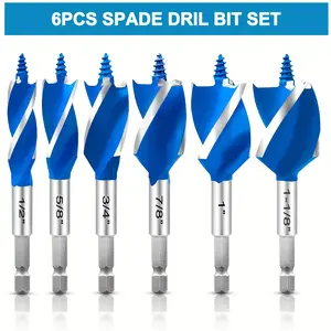 6-Piece Auger Drill Bit Set for Wood, 1/2", 5/8", 3/4", 7/8", 1", and 1-1/8" Sizes, Impact Wood Drill Bits with Hex Shank Quick Change, Durable for Hardwood, Softwood, and Plastic drilling tool deep bit