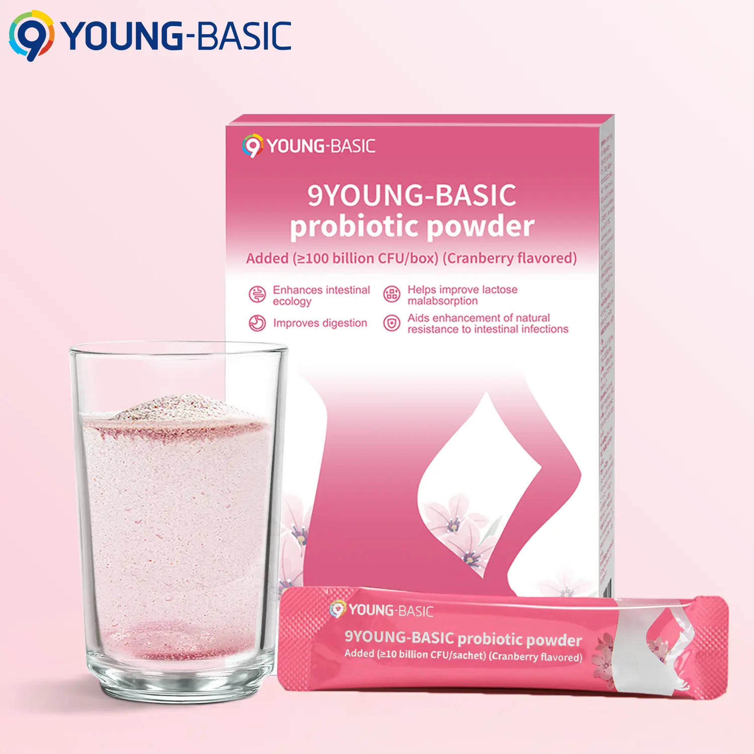 9 Young-Basic Feminine Probiotic 100B CFU with Cranberry Extract Vitamin C - Odor, Gas Control Gut Health pH Balance Healthcare Digestive Support Female Probiotic Formula Powder