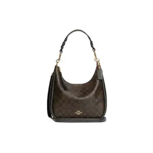 COACH Hobo 29 Zip Top Crossbody Bag for Women, Classic Monogram Coated Canvas and Pebbled Leather, Deep Brown