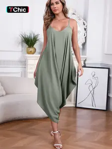 Women's Plain High Waist Cami Jumpsuit, Casual Solid Color Sleeveless Spaghetti Strap Jumpsuit for Summer, Women's Clothing for Outdoor Holiday Vacation, Casual Jumpsuits