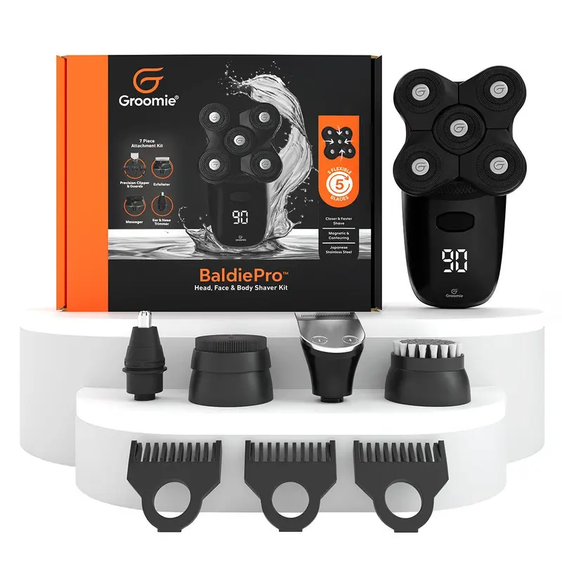Groomie Cordless Bald Head Shavers for Men, BaldiePro Head Grooming Kit + 7 Piece Accessory Kit - Ergonomic & Waterproof Head Shavers for Bald Men - Electric Hair Shaver & Head Razor - Men's Rotary Shaver for Smooth Shave