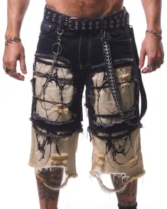 DOUBLE LAYER DENIM LONG SHORTS ( BLACK/CREAM )