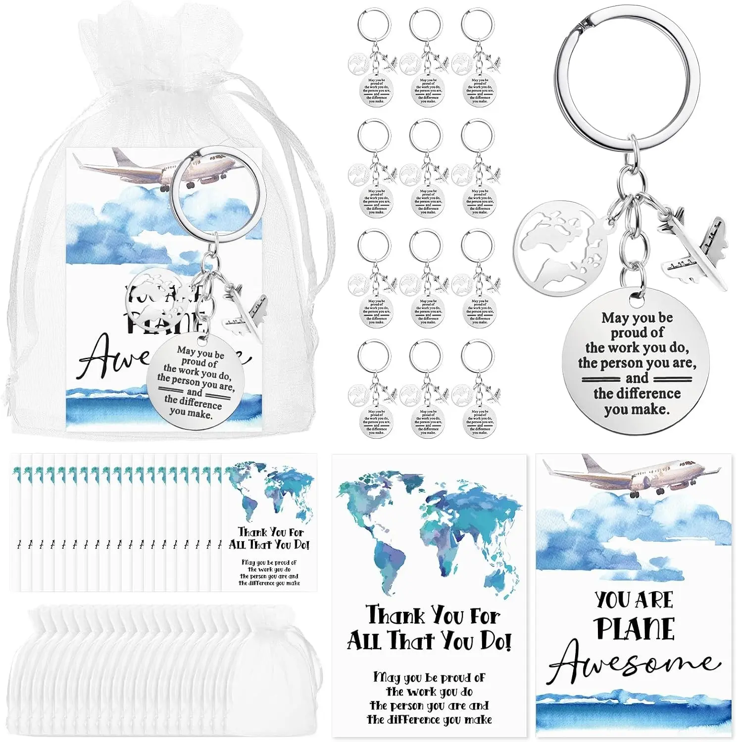 Flight Attendant Gifts Bulk Airplane Keychain with Thank You Cards for Travel Adventure Party Favor Holiday Gift