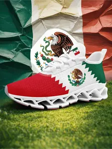 Men's Patriotic Mexico Flag Graphic Lace-Up Low Top Casual Shoes, Lightweight Sports Sneakers, Comfortable Walking Shoes, Running Shoes, Breathable Plus Size