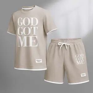 Men's God Got Print Drawstring Shorts Set For Spring/Summer. A Casual Summer Outfit, Including A Short-Sleeved Shirt And Shorts, Suitable For Everyday Wear And Sports. A Two-Piece Set For A Relaxed And Energetic Lifestyle.