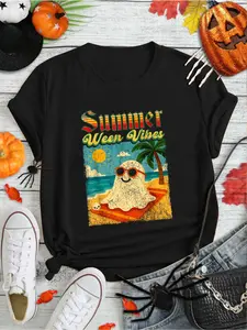 100% Cotton Summerween Vibes Ghost Funny Summer Halloween T-Shirt Print Round Neck Short Sleeve Streetwear Fashion Breathable Homme Soft Unisex Designer Clothes For Women Casual Clothes
