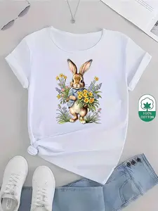 Wo Pure Relaxed Fit T-Shirt |   Black White Rabbit Holding Floral Print Short Sleeve Breathable Soft Fabric Casual Summer Wear Travel Daily Wear Playful Graphic Tee