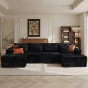 【3 packages delivery】Popular No Assembly Needed 135'' U-Shape Oversized Cloud sofa Couch - Corduroy Modular Sectional Sofa with 6 Soft Pillows, Deep Seat Boneless Upholstered Couches for Living Room