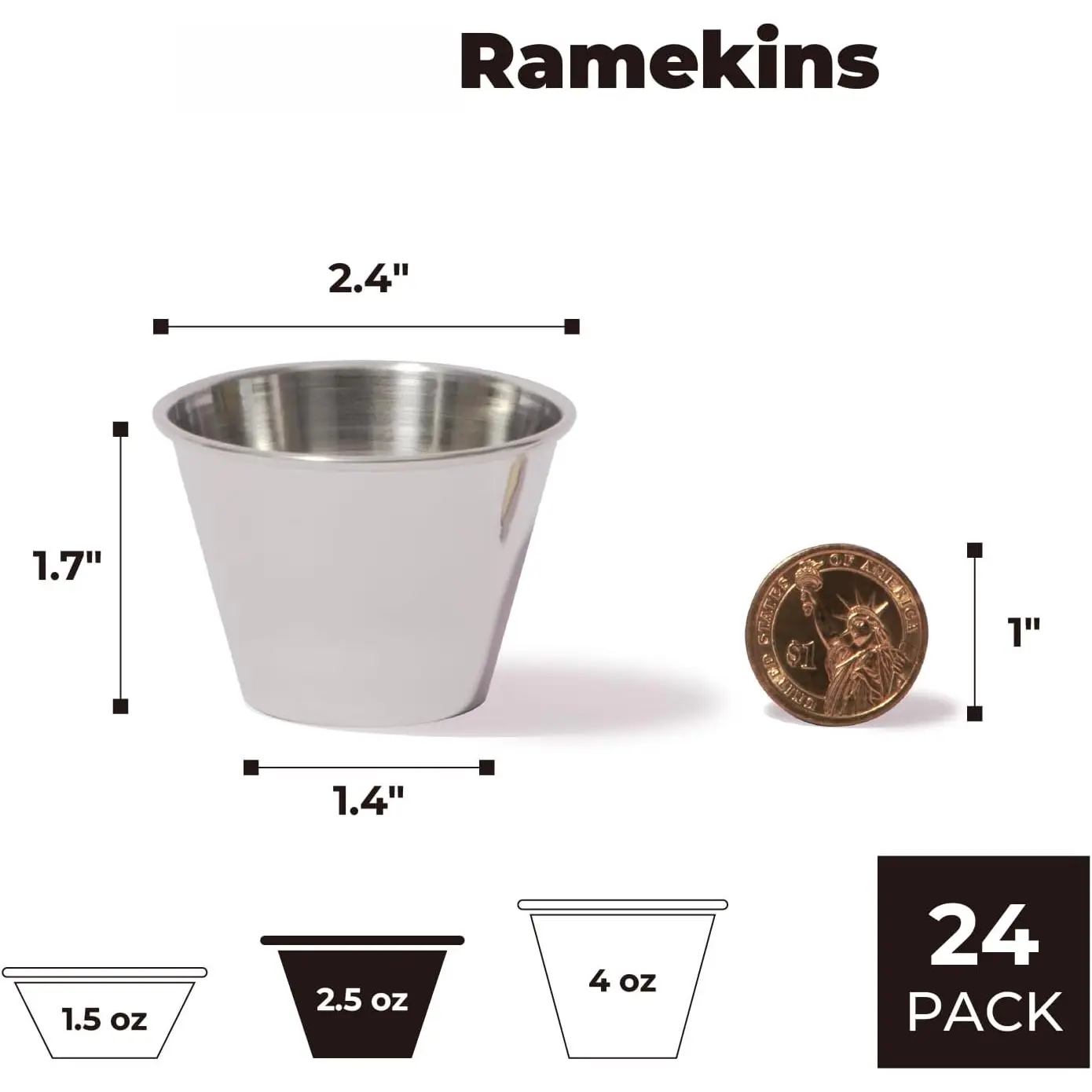24 Pack 2.5 oz Stainless Steel Dipping Sauce Cups, Metal Ramekins,  Commercial Grade Condiment Bowls, Individual Portion Cups, Small Round Au  Jus Cup for Home, Restaurant - TikTok Shop