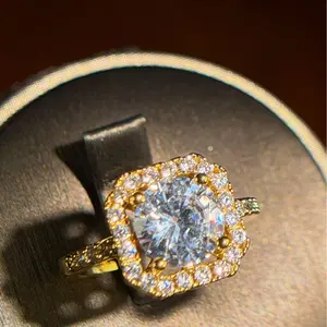 *GLORIOUS AURORA*   Item#00000016 European 14K Gold Plated Halo Four-Prong Setting Round-Cut Large White Cubic Zirconia Adjustable Fashion Ring (Center Stone 2 Carat, Ring Size 6.5 and Up)