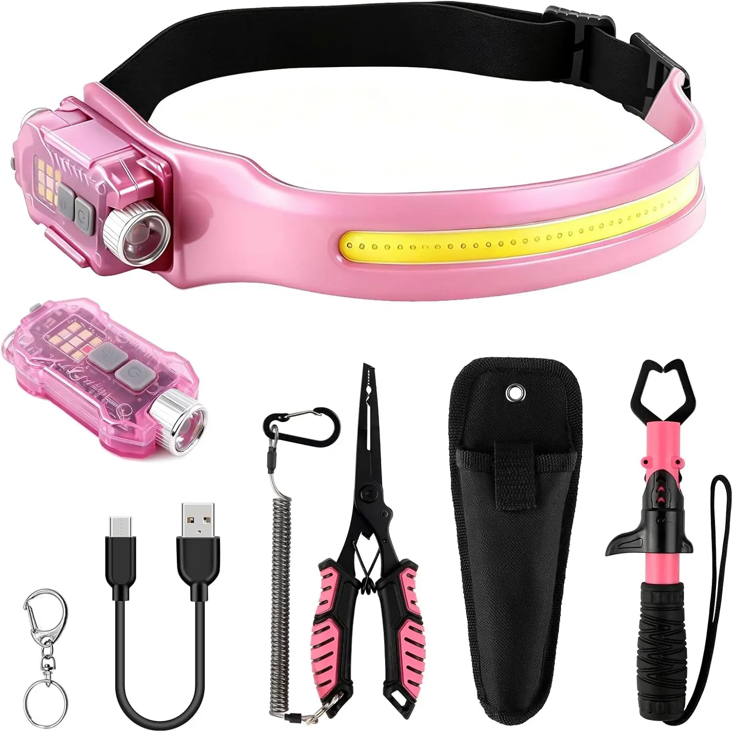 mouhike Pink Fishing Tool Set LED Headlamp Fish Lip Gripper Pliers | Fishing Gear 9 Modes Rechargeable LED Headlamp, Saltwater Long Nose Pliers, Night Fishing Gift for Men Women