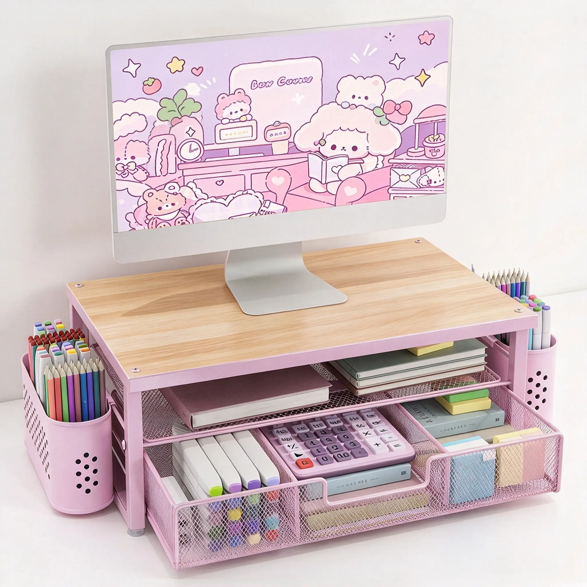 2-Tier Monitor Stand Riser with Drawer, Desk Organizer with 2 Pen Holders, Computer Monitor & Laptop Stand for Home Office, Study Desk & Office Supplies