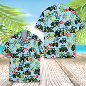 Farm Tractor Hawaiian Shirt, Tropical Farmer Aloha Shirt, Short Sleeve Farming Hawaii Shirt