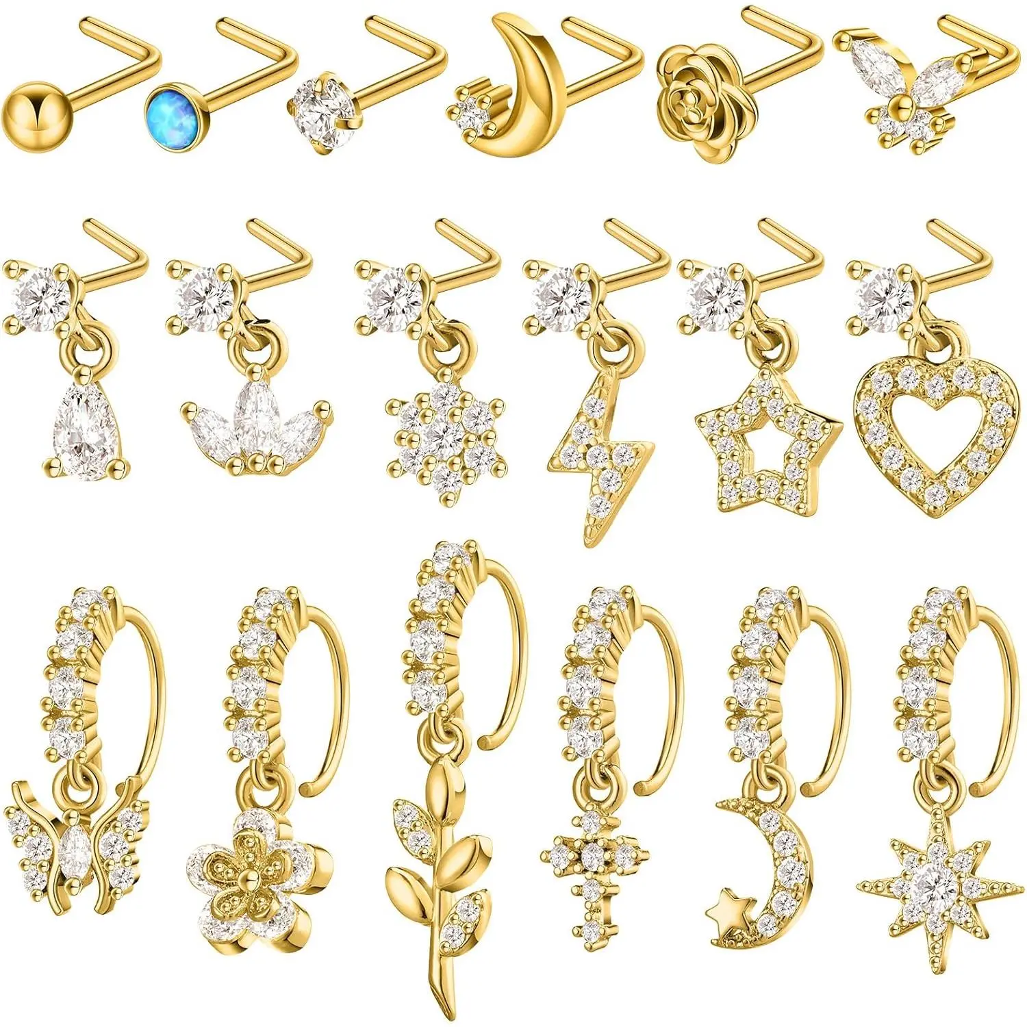 18 Pcs Dangle Nose Ring L Shaped Dangling Nose Stud Nose Ring Hoop Indian Nose Piercing Jewelry with Charm