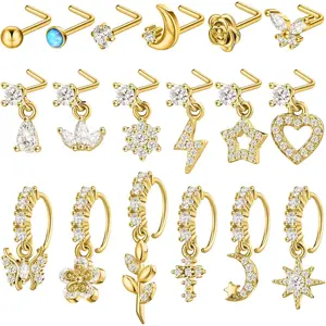 18 Pcs Dangle Nose Ring L Shaped Dangling Nose Stud Nose Ring Hoop Indian Nose Piercing Jewelry with Charm