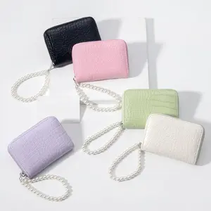 Lucky Star Zipper Wallet Women Luxurious Simplicity Credit Card Wallet Business Card Holder Compact Size KeyChain Wallet with Detachable Pearl Bracelet