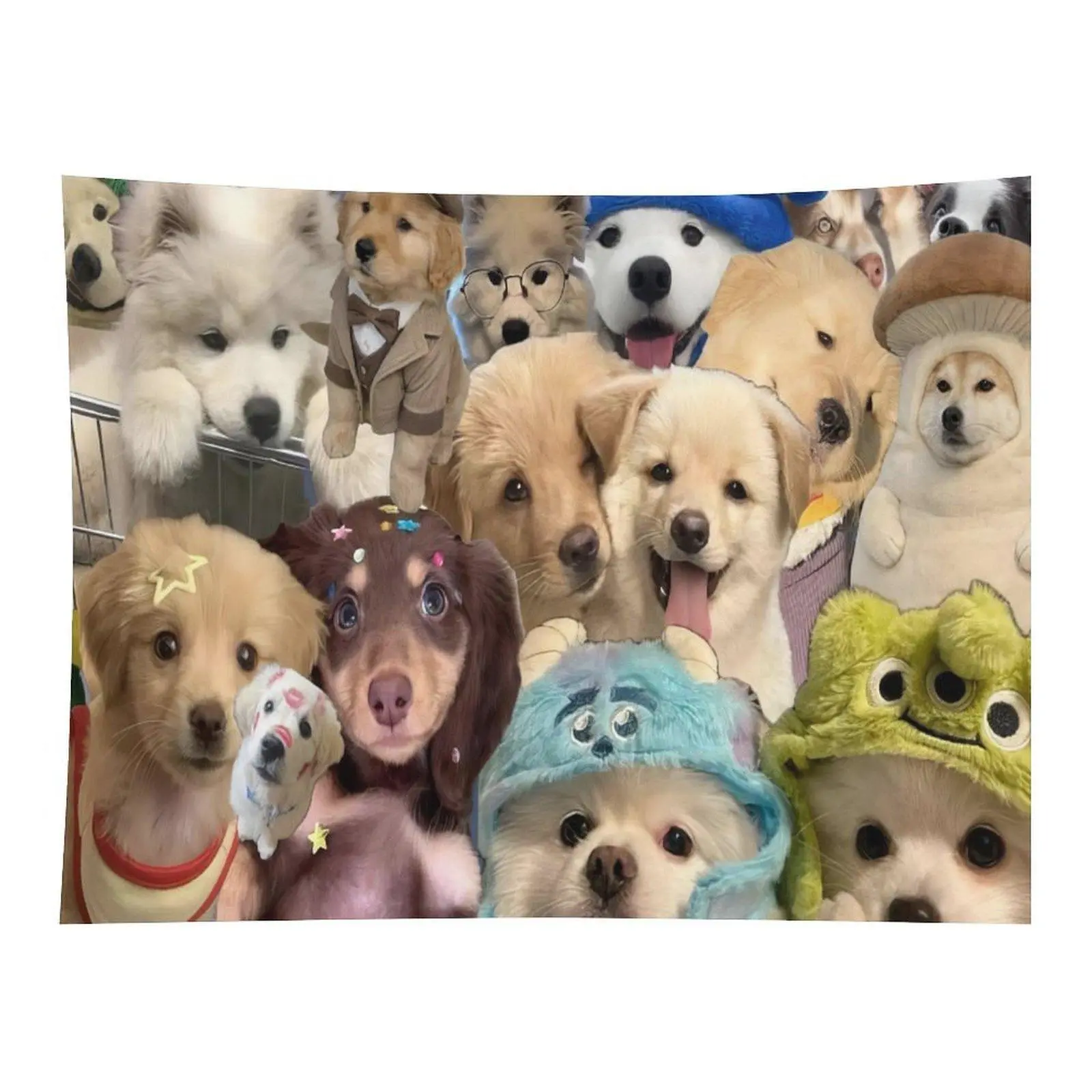 Cute Multi Breed Puppy Sticker Collage Wall Tapestry Wall Hanging, Funny Dog Meme Costume Pet Art Decor for Dog Lovers Kids Bedroom Dorm Playful Wall Ornament
