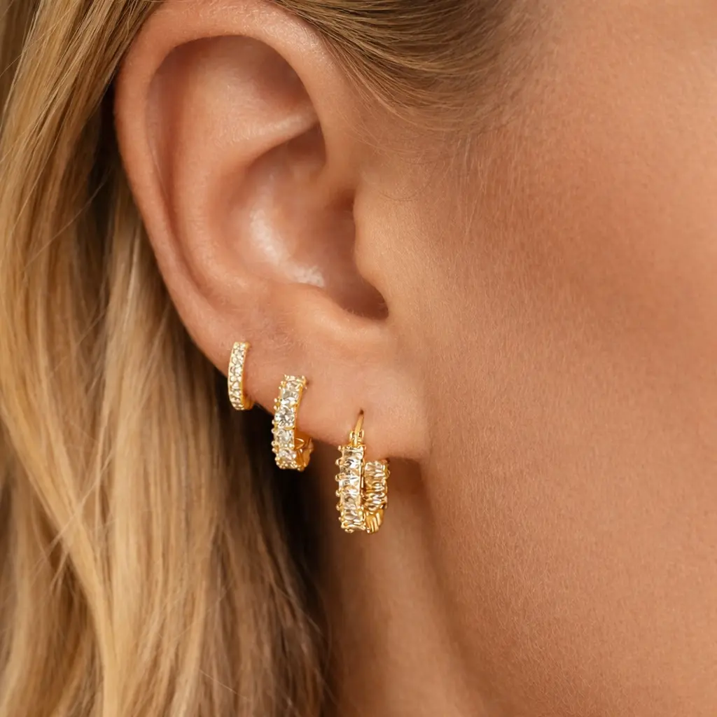 18K Gold Plated Hypoallergenic Stainless Steel Hoop Earrings Set 3 Pairs Cubic Zirconia Huggies for Cartilage & Snug Pierced Ears Comfortable Wear Versatile Choice Fashion Jewelry Gift for Black Friday Christmas Birthdays Anniversaries metal birthday gift