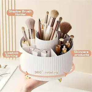 360 Degree Rotating Makeup Storage Box, Plastic Cosmetic Organizer with 5 Compartments, Multifunctional Brush Holder, Luxury Stripe Design