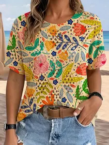 Women's Boho Style Colorblock Short Sleeve Knit Sweater, Casual Breathable Round Neck Top, Hollow Design for Spring Summer Fall