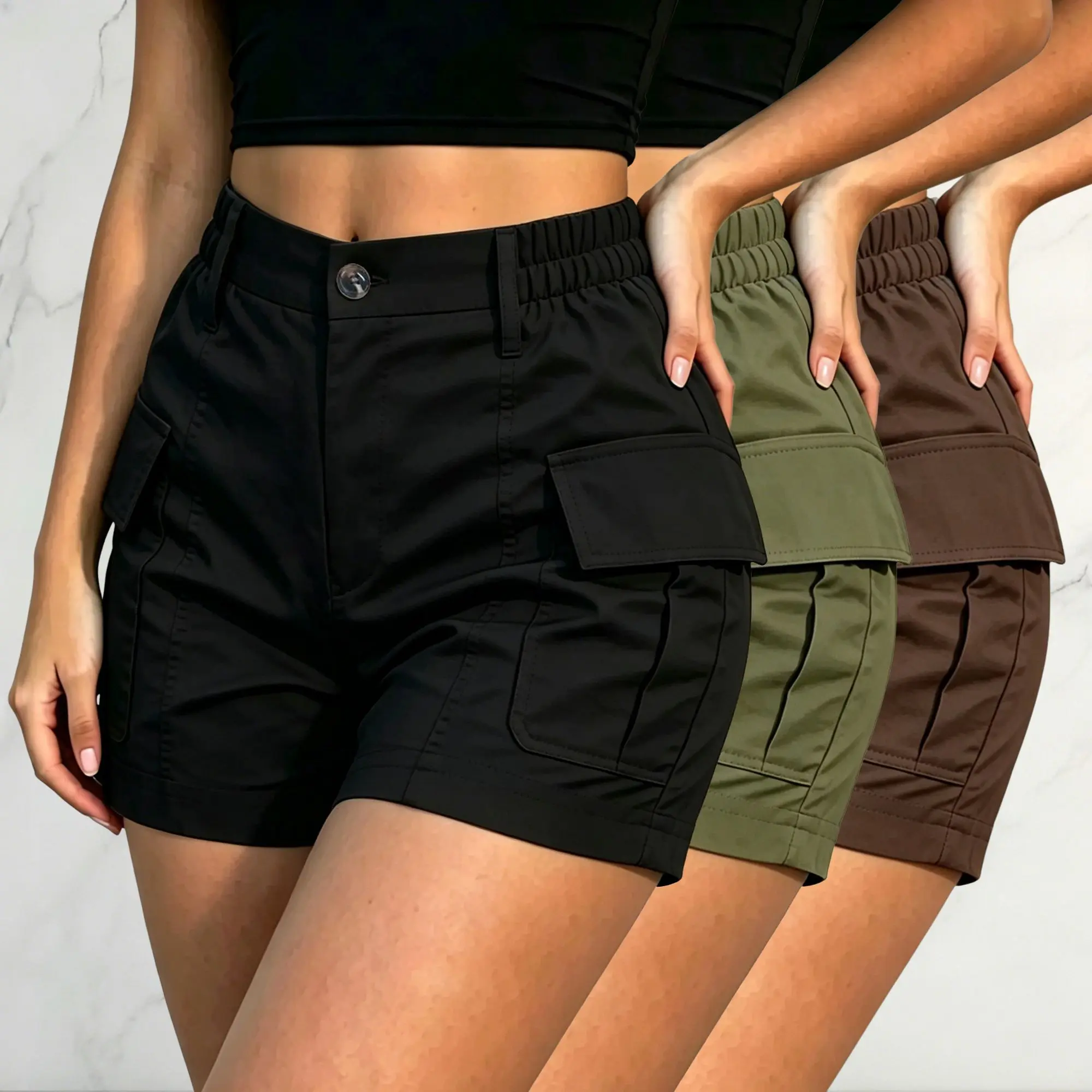 Women’s 3-Pack Elastic Waist Cargo Shorts – American Vintage Style, Multi-Pocket, Slimming Fit, Sporty Casual