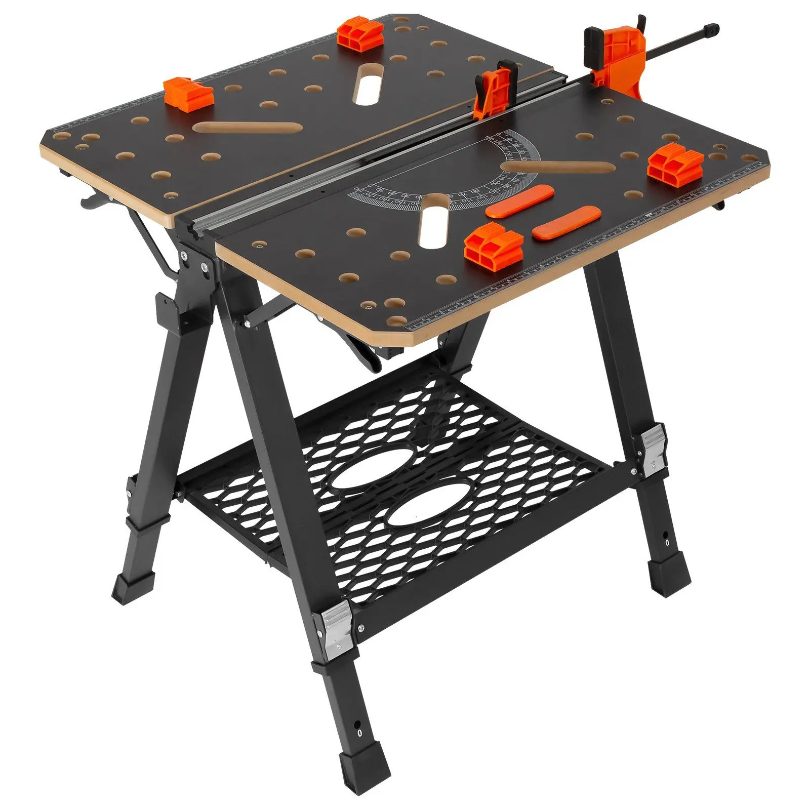 VEVOR Foldable Work Table - 2-in-1 as Sawhorse & Workbench, 1000 lbs Capacity, 7 Adjustable Heights, Steel Legs, Portable Tool Stand with Wood Clamp, 4 Bench Dogs, 2 Hooks, Easy Garage Storage for Workshop Tasks, Folding Work Table