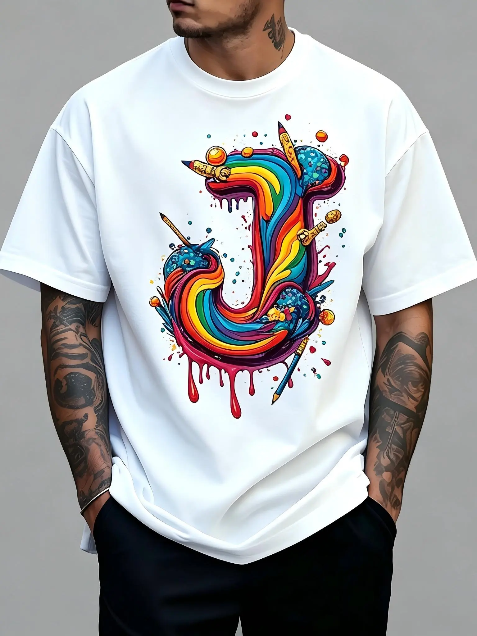 Men's Colorful Drip Paint Letter J Streetwear T-Shirt - Unisex Breathable Soft Cotton Crew Neck Shortsleeve, Art Pencils Graffiti Rainbow Print, All-Season Comfortable Casual Top, Art Lover Gift, Machine Washable, Tshirt