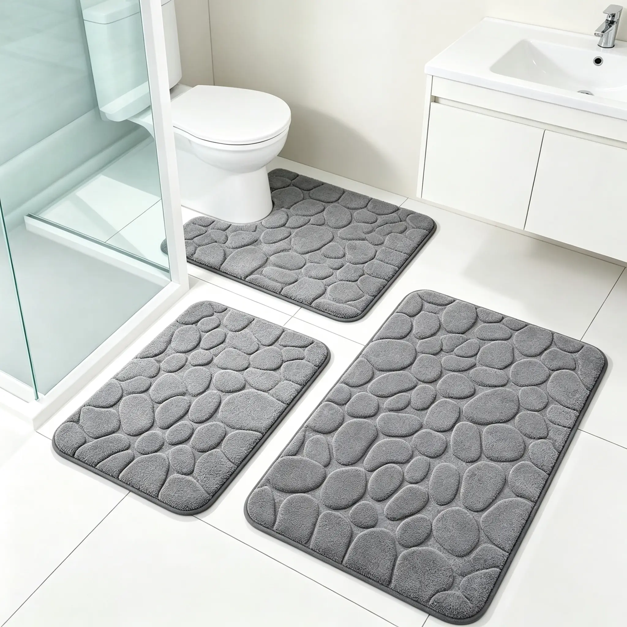 3 Pcs Set Embossed Cobblestone Bath Rug, Memory Foam Absorbent Floor Mat, Anti-Slip Door Carpet, Bathroom, Toilet, Bathroom Accessories & Decor, Bathroom Decorations