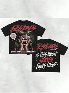 Men's Panic Girl Graphic Print Casual Loose-Fit Short Sleeve Round Neck Knit T-Shirt, Summer Fashion Tee for Sports, Outdoor Activities, Daily Wear