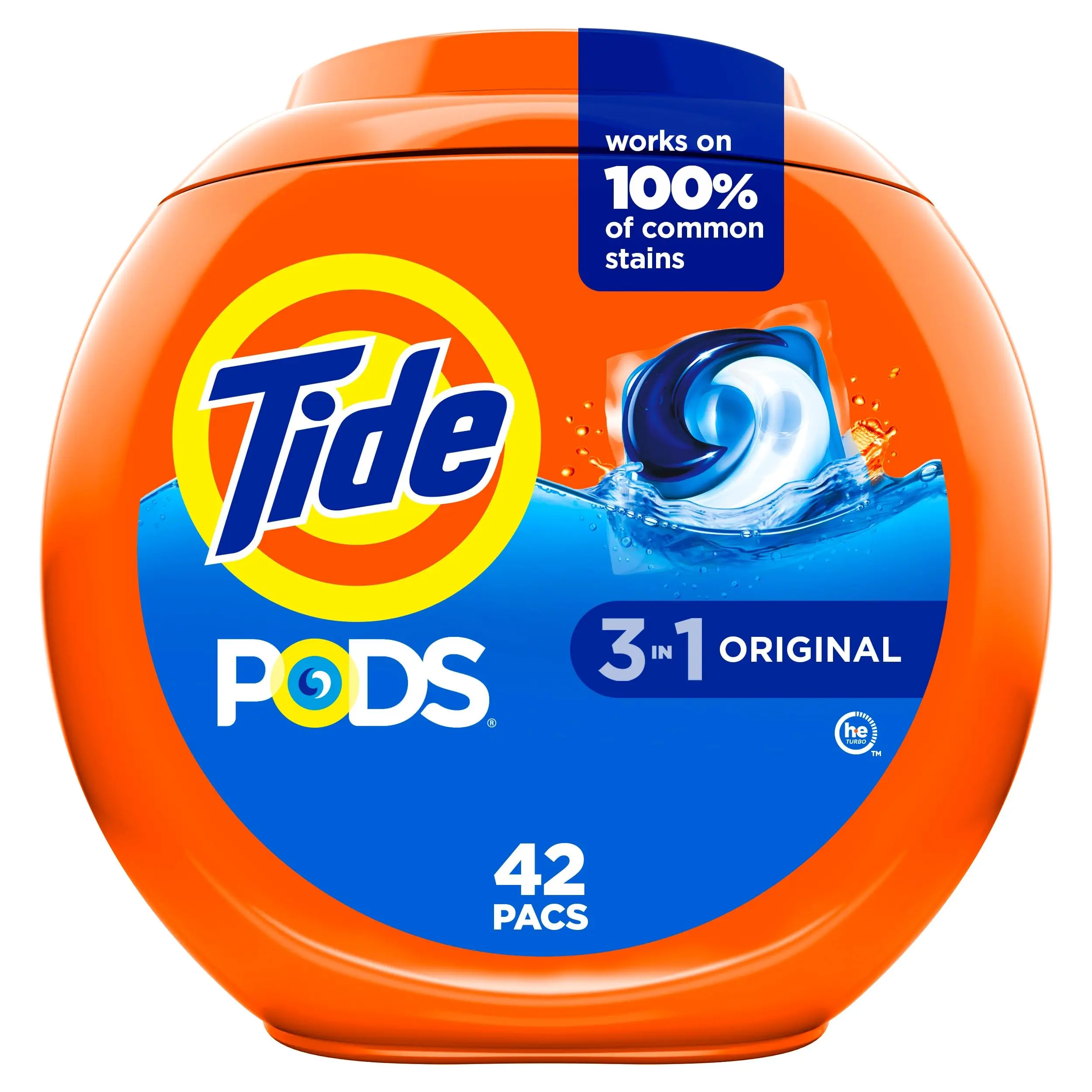 Tide PODS laundry detergent pacs, 3-in-1 Stain Remover, Odor Fighter, Color Protector, 42 Count, HE compatible, Original Scent