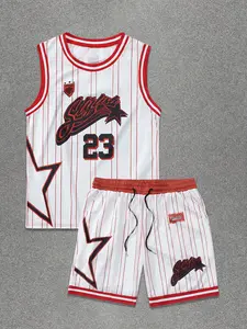 Men's Two-Piece Letter Print Basketball Jersey and Shorts Set, Regular Fit Summer Fitness, Casual V Neck Sleeveless Knitwear, Workout Clothes, Gymwear, Jersey Top, Athletic Training Apparel, Sportswear Top