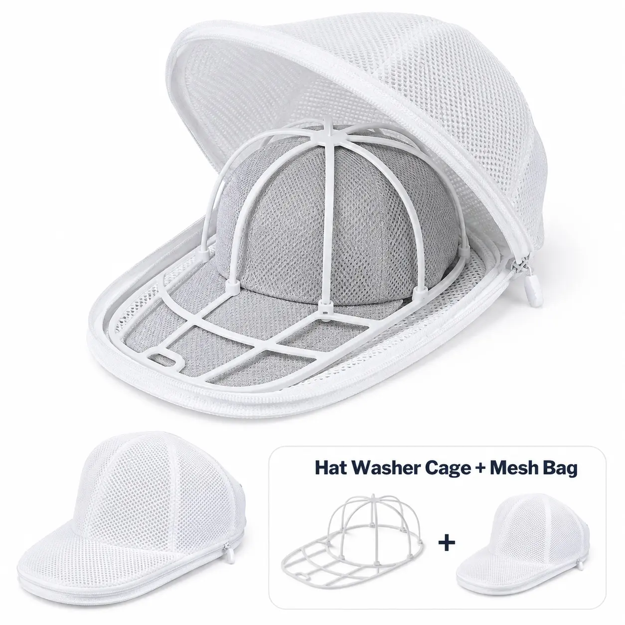 1-Pack Single-Layer Detachable Hat Washer Cage with Adjustable Shaper & White Zipper Mesh Bag, Baseball Cap Washing Frame and Shape Protector for Washing Machine or Dishwasher