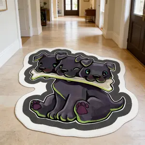 Three headed puppy gnawing on bone shaped carpet, Animal printed rug, purple green velvet floor mat, entrance anti slip and wear-resistant foot mat, fun space decoration mat suitable for ins style, fun home decoration