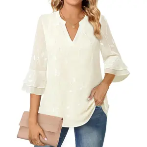 Womens Tops Dressy Casual 3/4 Tiered Bell Sleeve Blouses Double Layered Chiffon Work Tunic Shirts