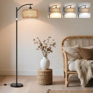 Rattan Floor Lamps for Living Room, Boho Standing Lamps with Rattan& Linen Double Shades, Arc Lamps Floor Standing with 9W Bulb, Foot Switch, Bohemian Floor Lamps for Bedroom, Office-Black