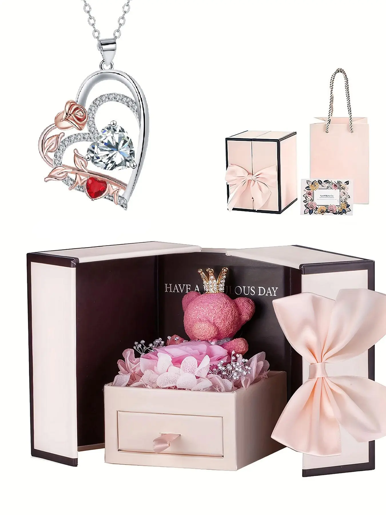 Rose double heart MoM pendant necklace, Stainless steel necklace, paired with little bear and rose gift box, a perfect Mother's Day and holiday gift for mom or wife
