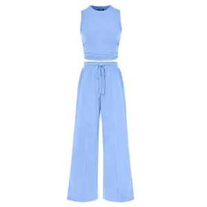 Womens Summer Outfits 2 Piece Sets Casual Ribbed Knit Crop Tube Top Wide Leg Pants Spring Matching Lounge Set