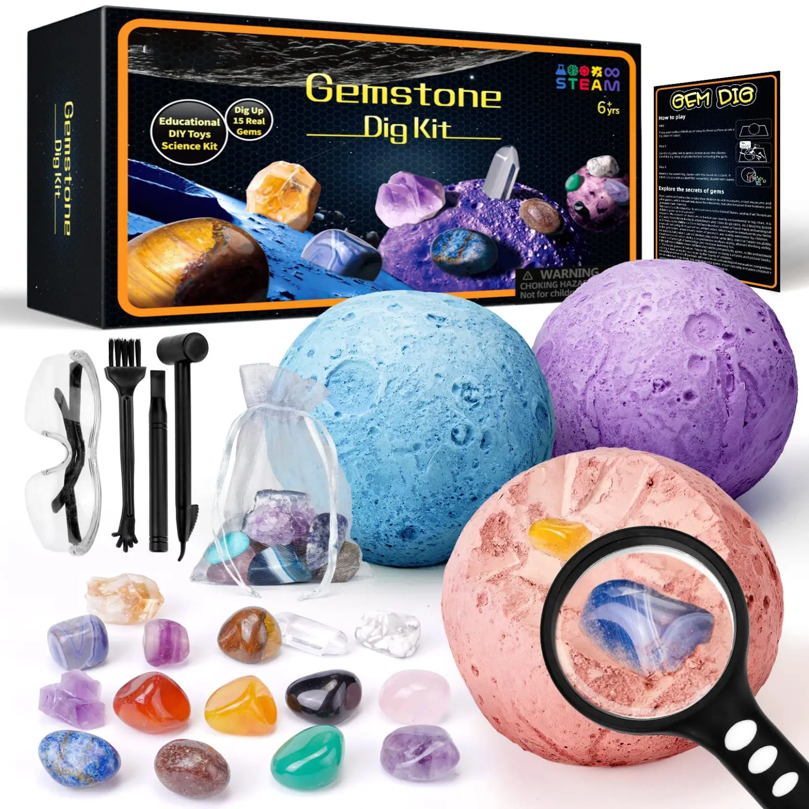 Gemstones Dig Kit, Solar System Science Kit for Kids, Excavate 15 Real Gems, STEM Educational Space Toys Planet Collection Kit, Archaeology Geology Science Projects Gift for Boys&Girls Age 6+