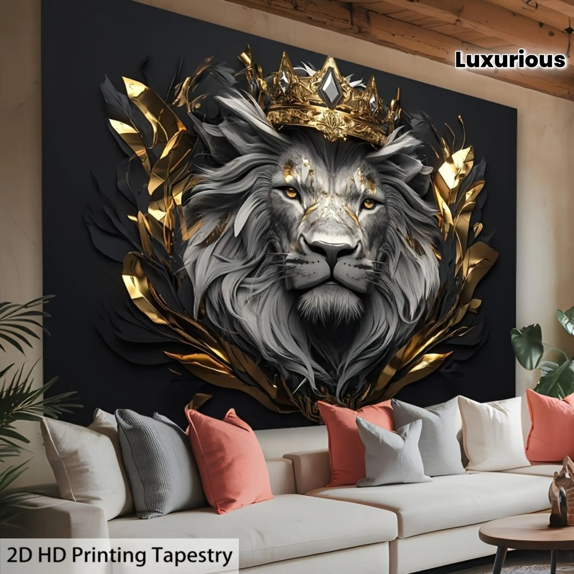 1pc Majestic Lion with Crown Polyester Tapestry- Luxurious Wall Art for Living Room, Bedroom, Office, Party Decor| Sophisticated Black& Golden Design, Perfect Creative Gift, Lion Wall Decor