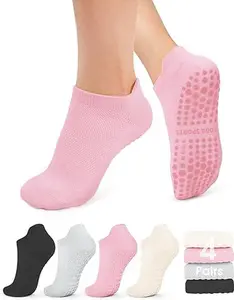 4 Pairs Anti-Skid Pilates Grip Socks with Cushioned Sole | Breathable Ankle Socks for Barre, Ballet, Pilates,Home Workout & Hospital Non-slip Yoga Socks for Women ‍️