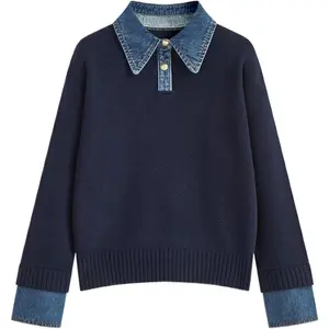 Women's Oversized Polo Sweater Button Up Denim Lapel Pullover Sweater Long Sleeve Collared Knit Top
