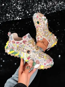 Women's Colorful Rhinestone Breathable Casual Sports Shoes Sneaker, Glitter Design Sneakers, Fashion Wedge Thick Sole, Round Toe Low Top, All Seasons Comfort