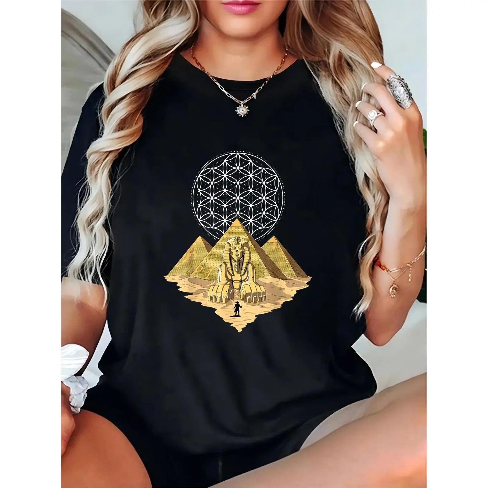 Women's 100% Cotton Crew Neck Short-Sleeve Loose-Fitting Lightweight Breathable Tshirt - Egyptian Pyramids, Sphinx, Flower of Life, Desert Scene Graphic, Casual Ancient Egypt Top, Machine Washable Clothes for Egyptology Enthusiasts, Comfortable, Shortslee