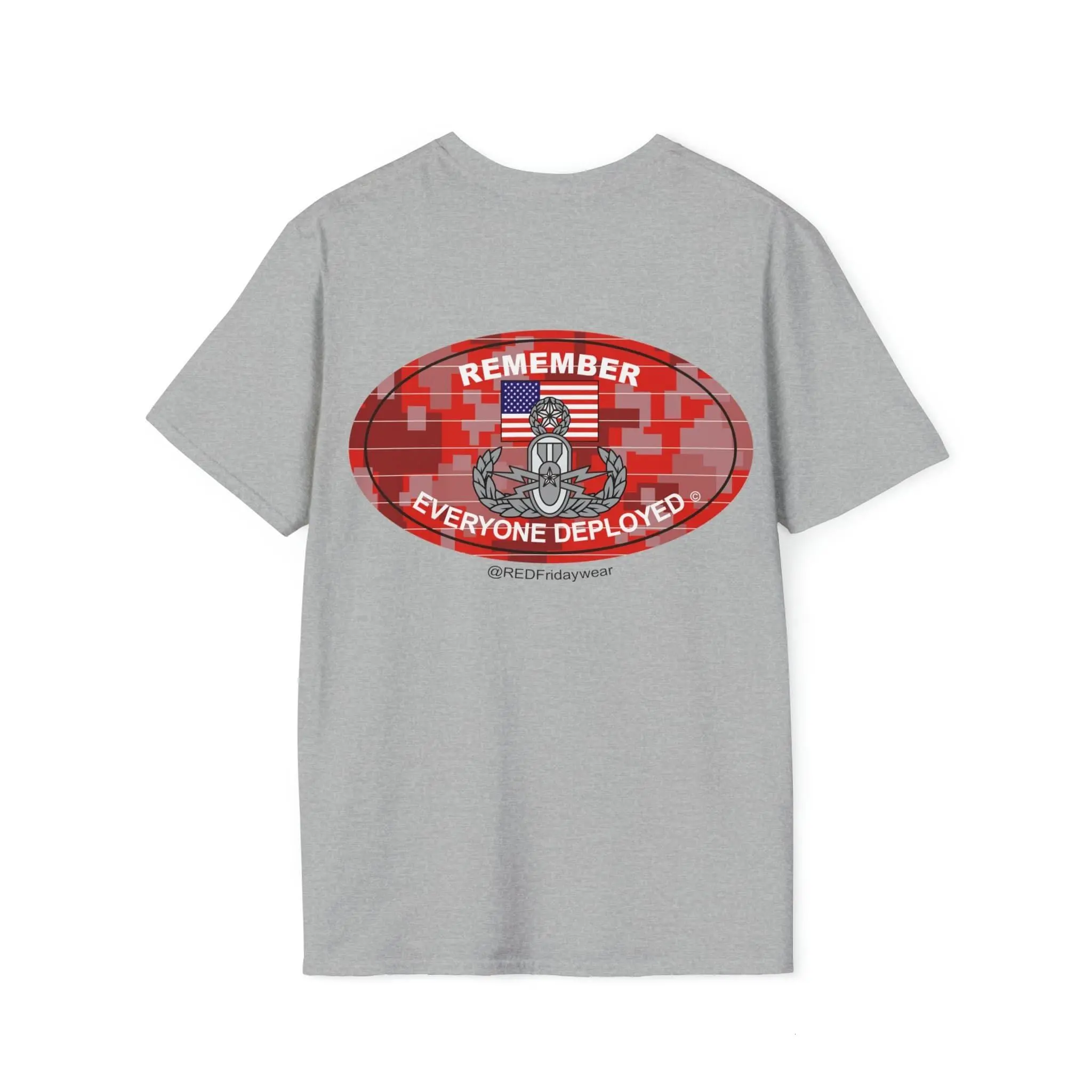 Explosive Ordnance Disposal (EOD) RED Friday Remember Everyone Deployed T-Shirt with Red Digi-Cami Background