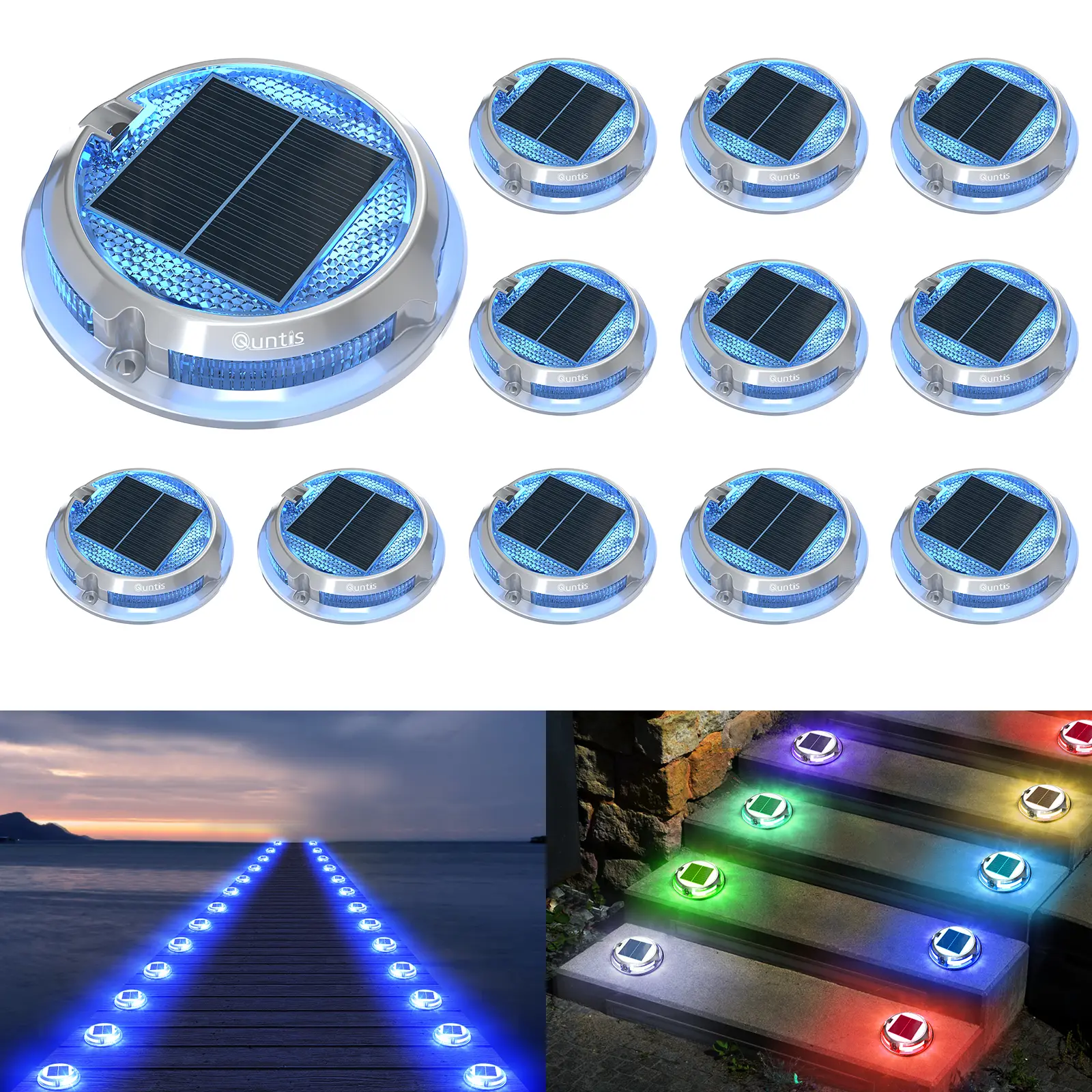 Quntis 12-Pack Solar Illuminated Outdoor Multicolored Deck Lights - 11 Lighting Modes Aluminum Alloy Solar Pathway Lighting - IP68 Waterproof Colorful Lights for Driveway, Step, Garden, Festive Decorations
