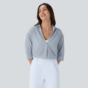 Halara Half Sleeve Curved Hem Stripe Work Blouse